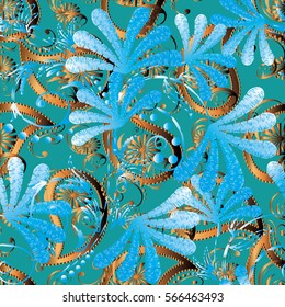 Paisley seamless pattern. Elegance  background wallpaper with blue 3d  vintage decorative flowers leaves and antique gold  ornaments. Modern grunge texture with effect of embroidery