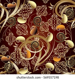 Paisley seamless pattern. Elegance red background. Ornate floral wallpaper with vintage gold 3d flowers,swirl  leaves and antique  line art ornaments.Vector luxury fabric texture with shadows