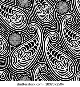 Paisley seamless pattern. Elegant black and white monochrome background. Textile bohemian print. Batik painting. Vintage Hand Drawn ornament. Vector illustration