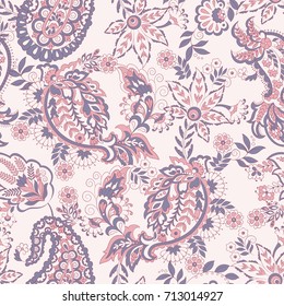 Paisley seamless pattern with ethnic flowers, vector floral illustration in batik vintage style