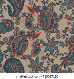 Paisley seamless pattern with ethnic flowers, vector floral illustration in batik vintage style