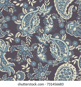 Paisley seamless pattern with ethnic flowers, vector floral illustration in batik vintage style