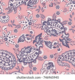 Paisley seamless pattern with ethnic flowers, vector floral illustration in batik vintage style