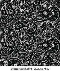 Paisley seamless pattern,  ethnic paisley pattern, and folk elements. detailed beautiful paisleys with floral and Indian elements background. Painted in white and black watercolor.