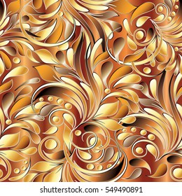 Paisley seamless pattern. Floral background wallpaper illustration with vintage hand drawn gold 3d paisley flowers leaves and ornaments.Ornate vector golden decor elements with shadows and highlights.