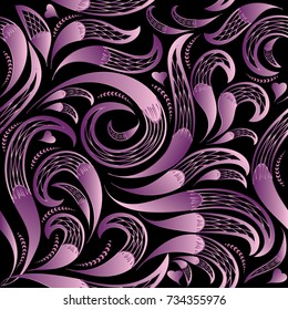 Paisley seamless pattern. Floral black background. Wallpaper. Vintage hand drawn violet 3d paisley flowers, swirl curve leaves, abstract love hearts and modern tracery ornament. Vector surface texture