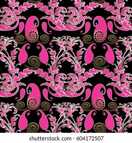 Paisley seamless pattern. Floral damask black background wallpaper illustration with vintage pink flowers, scroll swirl leaves and antique ornaments in Baroque Victorian style. Vector flourish texture