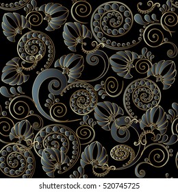  Patrón transparente. Ilustración de fondo oscuro floral con hojas y adornos de flores 3d decorativos vintage.Vector.