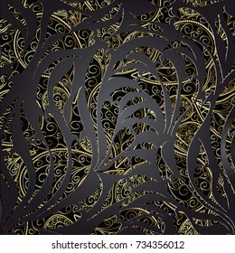 Paisley seamless pattern. Floral dark black ornamental vector background. Flourish 3d wallpaper. Vintage hand drawn 3d paisley flowers, leaves, love hearts, gold line art tracery ethnic ornaments. 