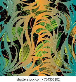 Paisley seamless pattern. Floral green black ornamental background. Flourish wallpaper. Vintage hand drawn 3d paisley flowers, leaves, love hearts, line art tracery ornaments. Vector surface  texture.