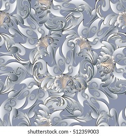 Paisley seamless pattern. Floral light background wallpaper with vintage decorative 3d flowers leaves and flowery abstract ornaments .