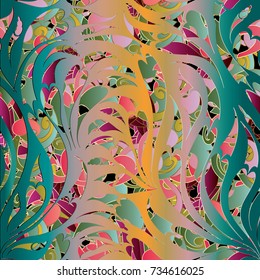 Paisley seamless pattern. Floral ornate background. Colorful Wallpaper. Vintage hand drawn 3d paisley flowers, swirl curve leaves, abstract love hearts, modern tracery ornament. Vector surface texture