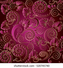  Paisley seamless pattern. Floral  red  background wallpaper illustration with vintage decorative 3d  flowers leaves and vintage paisley ornaments.Vector ornate pattern.