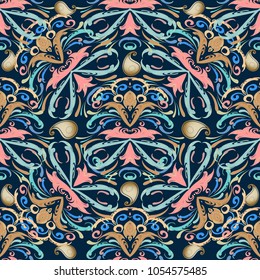 Paisley seamless pattern. Floral vector dark blue background with gold surface paisley flowers and hand drawn vintage ornament in baroque style. Ethnic style modern design for fabric, wallpaper, print