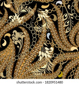 Paisley seamless pattern. Floral vector colorful background. Repeated tribal ethnic style backdrop. Beautiful fantasy ornaments with paisley flowers, leaves, chains,  wave lines, curves,  shapes.