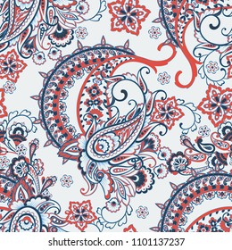 Paisley seamless pattern with flowers in indian style.