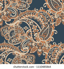 Paisley seamless pattern with flowers in indian style.