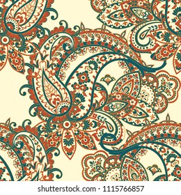 Paisley seamless pattern with flowers in indian style.