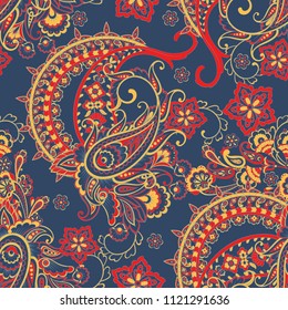 Paisley seamless pattern with flowers in indian style.