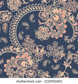 Paisley seamless pattern with flowers in indian style.
