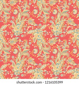 Paisley seamless pattern with flowers in indian style. 