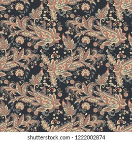 Paisley seamless pattern with flowers in indian style. 