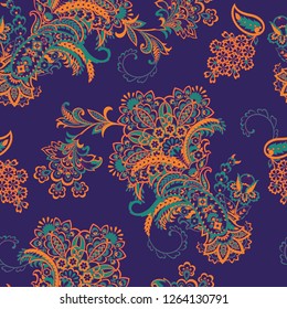 Paisley seamless pattern with flowers in indian style. 