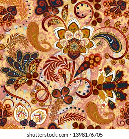 Paisley seamless pattern with flowers in indian style. Floral vector background. Brown