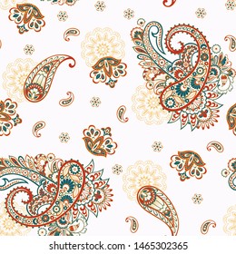 Paisley seamless pattern with flowers in indian style. 