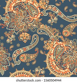 Paisley seamless pattern with flowers in indian style. 