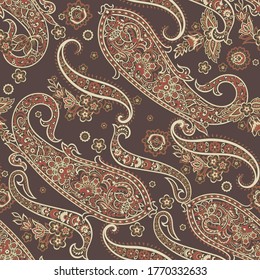 Paisley seamless pattern with flowers in indian style
