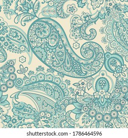 Paisley seamless pattern with flowers in indian style.