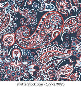 Paisley seamless pattern with flowers in indian style.