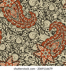Paisley seamless pattern with flowers in indian style.