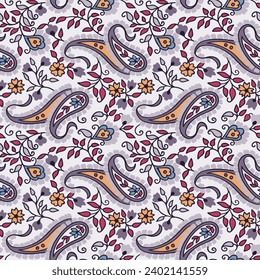 Paisley seamless pattern with flowers in indian style. floral background. Elegant Hand Drawn vector pattern.