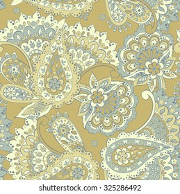 Paisley seamless pattern with flowers in indian style. Floral vector background