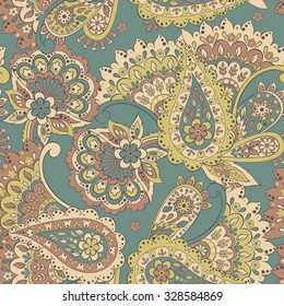 Paisley seamless pattern with flowers in indian style. Floral vector background