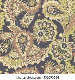 Paisley seamless pattern with flowers in indian style. Floral vector background