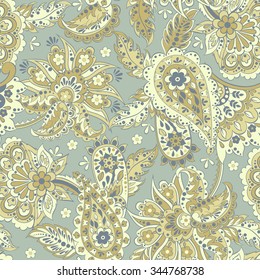 Paisley seamless pattern with flowers in indian style. Floral vector background