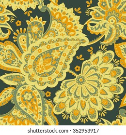 Paisley seamless pattern with flowers in indian style. Floral vector background
