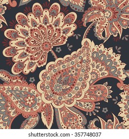 Paisley seamless pattern with flowers in indian style. Floral vector background