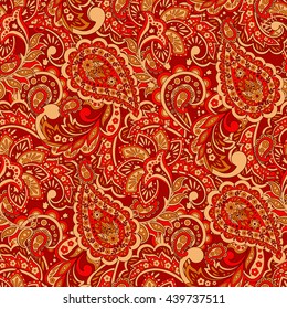 Paisley seamless pattern with flowers in indian style. Floral vector background