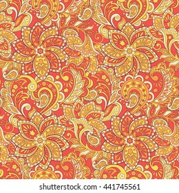 Paisley seamless pattern with flowers in Indian style. Floral vector background
