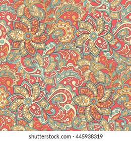 Paisley seamless pattern with flowers in Indian style. Floral vector background