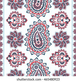 Paisley seamless pattern with flowers in indian style. Floral vector background