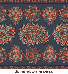 Paisley seamless pattern with flowers in indian style. Floral vector background
