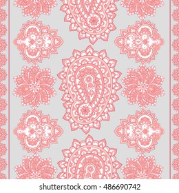 Paisley seamless pattern with flowers in indian style. Floral vector background
