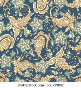 Paisley seamless pattern with flowers in indian style. Floral vector background