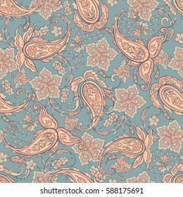 Paisley seamless pattern with flowers in indian style. Floral vector background