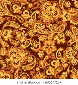 Paisley seamless pattern with flowers in indian style. Floral vector background